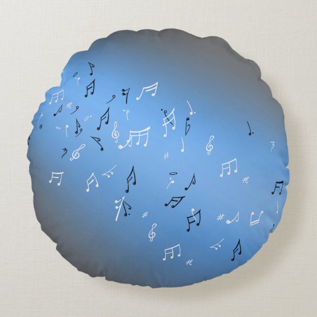 Musical Notes in the Moonlight Blue Grey Round Cushion (Front)
