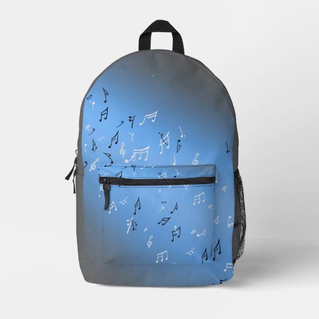 Musical Notes in the Moonlight Blue Printed Backpack (Front)