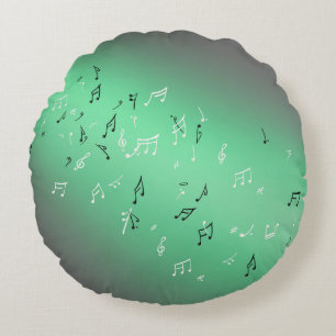 Musical Notes in the Moonlight Green Round Cushion