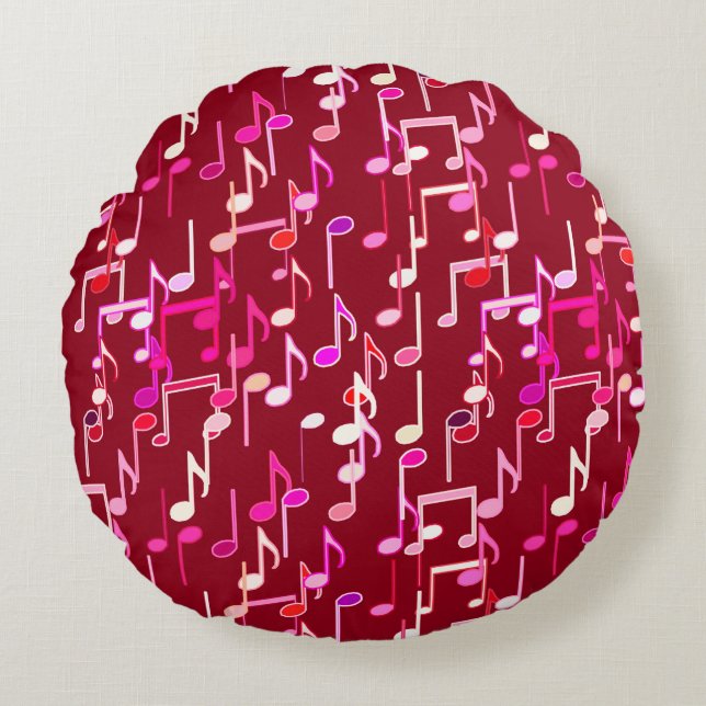 Musical Notes print - burgundy, multi Round Cushion (Front)