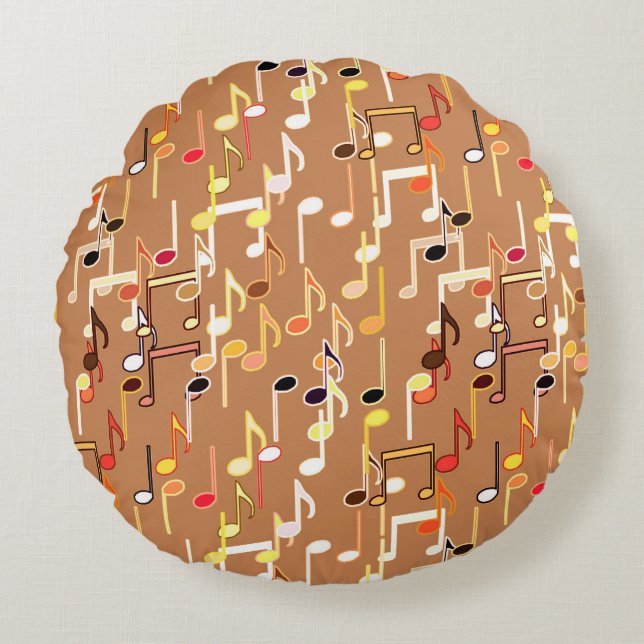 Musical Notes print - Caramel Tan, Multi Round Cushion (Front)
