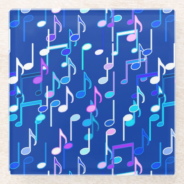 Musical Notes print - indigo blue, multi Glass Coaster (Front)