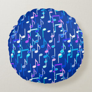 Musical Notes print - indigo blue, multi Round Cushion