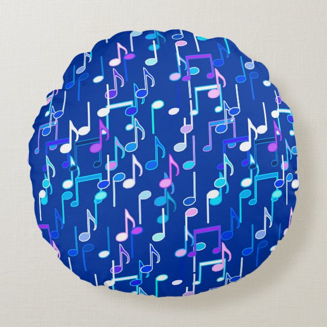 Musical Notes print - indigo blue, multi Round Cushion (Front)