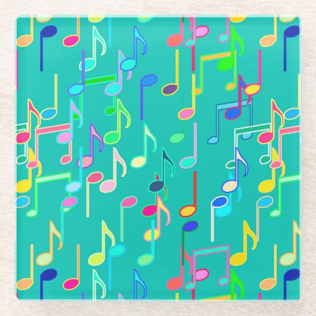 Musical Notes print - turquoise, multi Glass Coaster (Front)