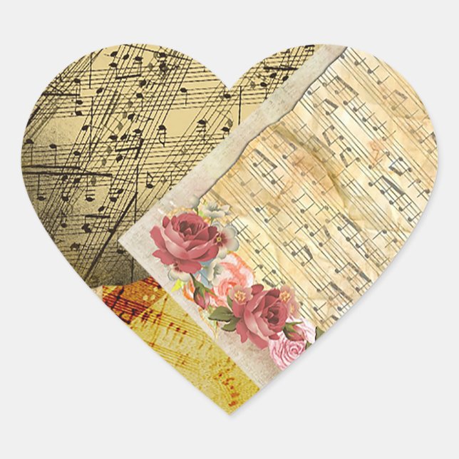 Musical Notes Sheet Music and Roses Heart Sticker (Front)