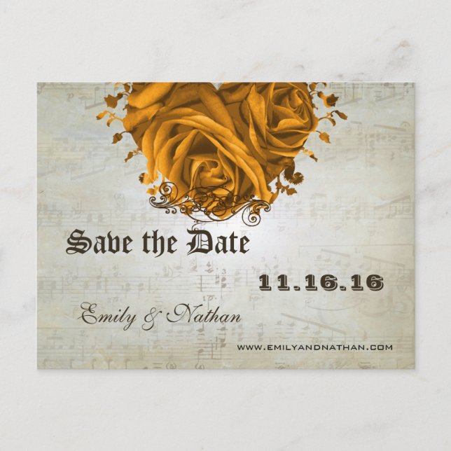 Musical Notes Silver and Gold Roses Save the Date (Front)