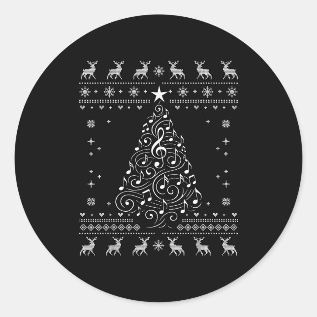 Musical Notes Tree Christmas Ugly Sweater Xmas  Classic Round Sticker (Front)