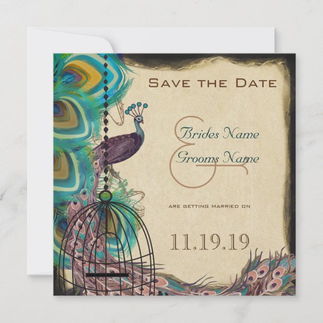 Musical Peacock Bird Cage Eggplant Save the Date (Front)