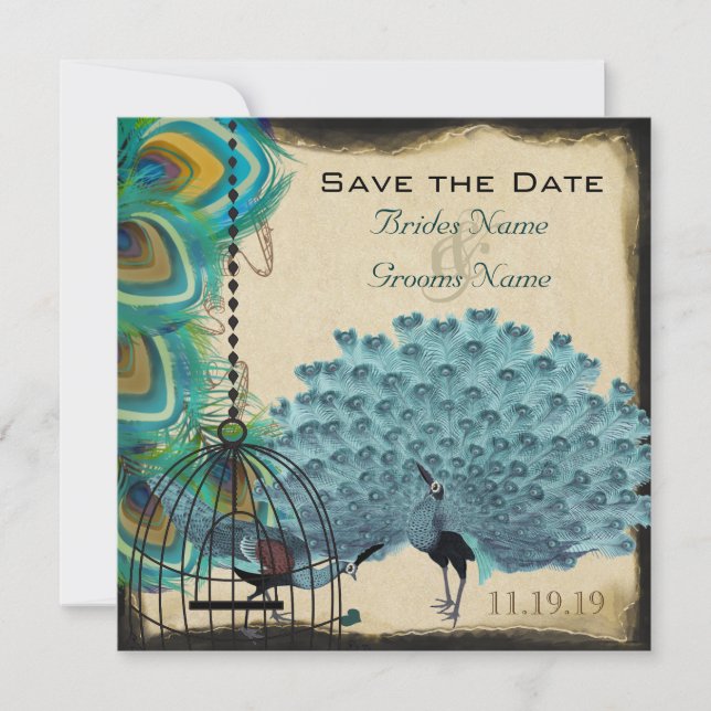 Musical Peacock Bird Cage Eggplant Save the Date (Front)
