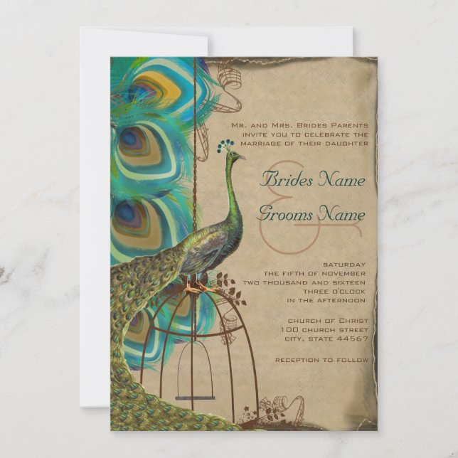 Musical Peacock Bird Cage Feather Wedding Invitation (Front)