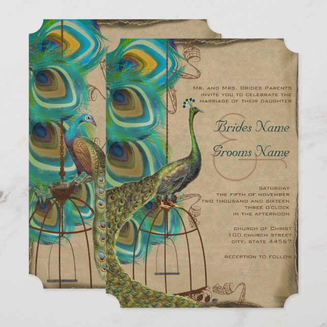 Musical Peacock Bird Cage Feather Wedding Invites (Front/Back)