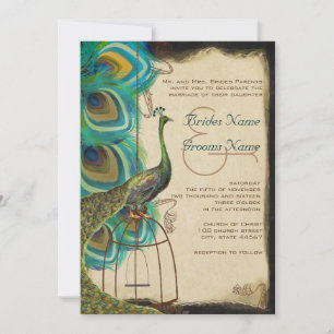 Musical Peacock Bird Cage Feather Wedding Invites