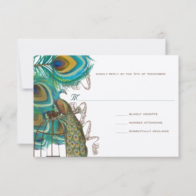 Musical Peacock Bird Cage Feather Wedding RSVP Card (Front)