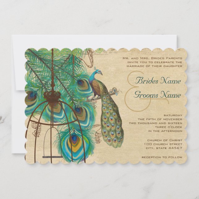 Musical Peacock Bird Cage Feather Wedidng Invitate Invitation (Front)