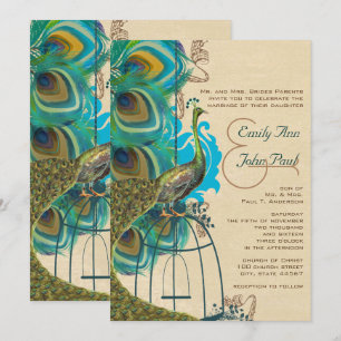 Musical Peacock Bird Cage Feather Wedidng Invites