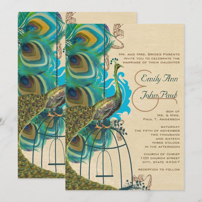 Musical Peacock Bird Cage Feather Wedidng Invites (Front/Back)