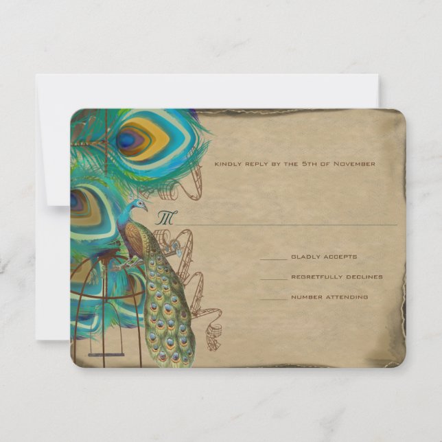 Musical Peacock Bird Cage Feather Wedidng RSVP (Front)