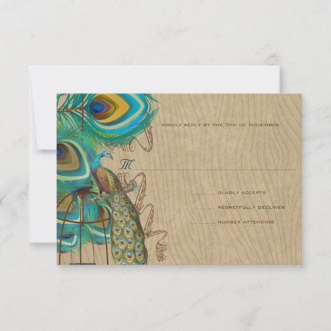 Musical Peacock Bird Cage Feather Wedidng RSVP (Front)