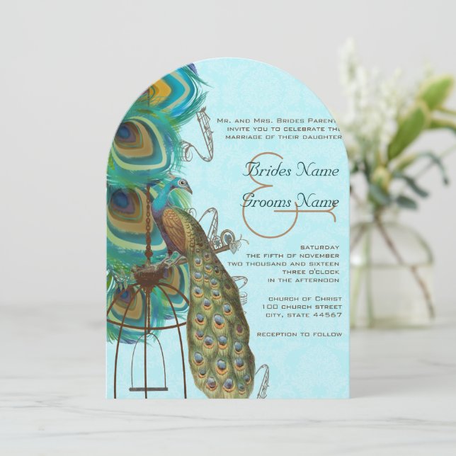 Musical Peacock Birdcage Feather Wedding Invitation (Standing Front)