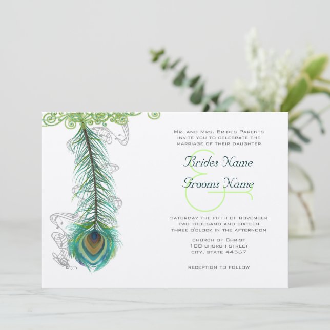Musical Peacock Feather Dark Wedidng Invitation (Standing Front)