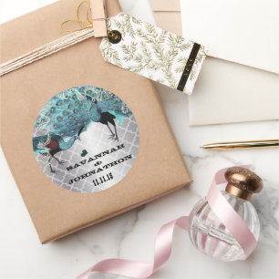 Musical Peacock Silver Moroccan Aqua Weddings Classic Round Sticker