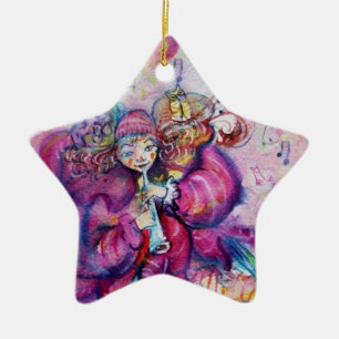 MUSICAL PINK CLOWN star Ceramic Tree Decoration