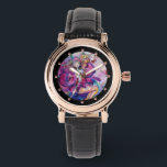 MUSICAL PINK CLOWN WATCH<br><div class="desc">Colourful, whimsical, funny pink clown playing bugle with an expressive owl and joyful musical notes, flowers, leaves in vibrant red, fuchsia, violet, purple, blue, white colours, watercolor painting by Bulgan Lumini (c)</div>