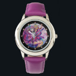 MUSICAL PINK CLOWN WATCH<br><div class="desc">Colourful, whimsical, funny pink clown playing bugle with an expressive owl and joyful musical notes, flowers, leaves in vibrant red, fuchsia, violet, purple, blue, white colours, watercolor painting by Bulgan Lumini (c)</div>