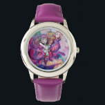 MUSICAL PINK CLOWN WATCH<br><div class="desc">Colourful,  whimsical, funny pink clown playing bugle with an expressive owl and joyful musical notes, flowers, leaves in vibrant red, fuchsia, violet, purple, blue, white colours,  watercolor painting by Bulgan Lumini (c)</div>
