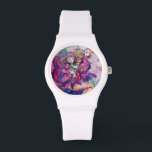 MUSICAL PINK CLOWN WATCH<br><div class="desc">Colourful,  whimsical, funny pink clown playing bugle with an expressive owl and joyful musical notes, flowers, leaves in vibrant red, fuchsia, violet, purple, blue, white colours,  watercolor painting by Bulgan Lumini (c)</div>