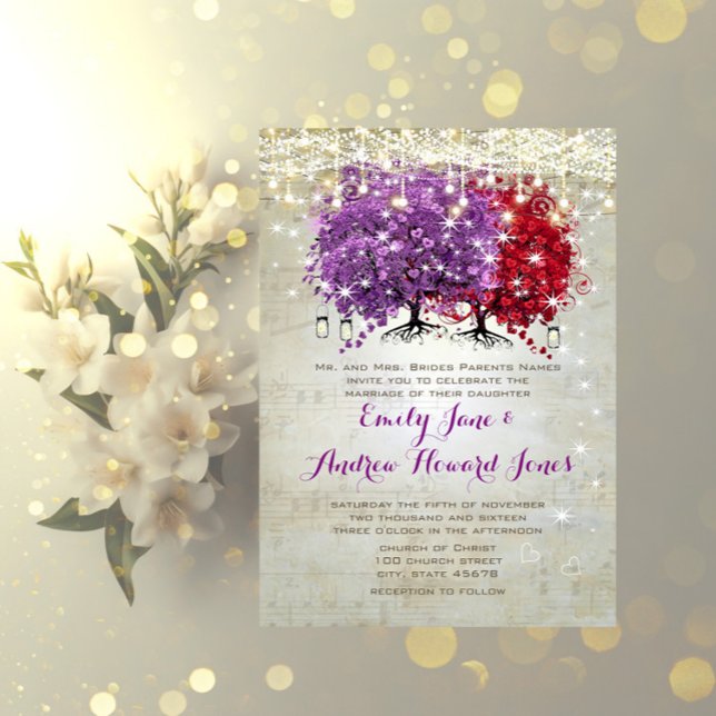 Musical Purple Red Heart Leaf Tree Wedding  Invitation (Creator Uploaded)
