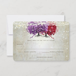 Musical Purple Red Heart Leaf Tree Wedding RSVP