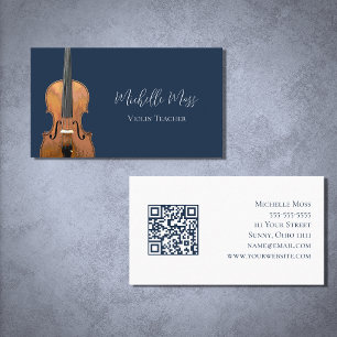 Musical QR code Violin Teacher Navy Blue Business Card
