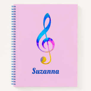 Musical Rainbow Swirl Treble Clef and Name Pink Notebook