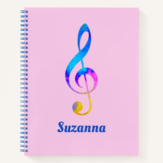 Musical Rainbow Swirl Treble Clef and Name Pink Notebook (Front)