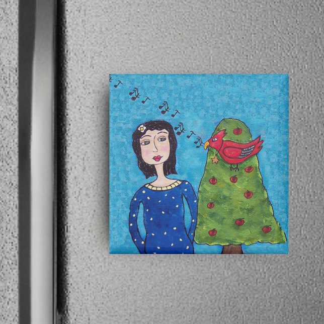 Musical Red Bird In Apple Tree Folk Art Magnet (Folk art lady beside apple tree with singing red bird on blue square magnet.)