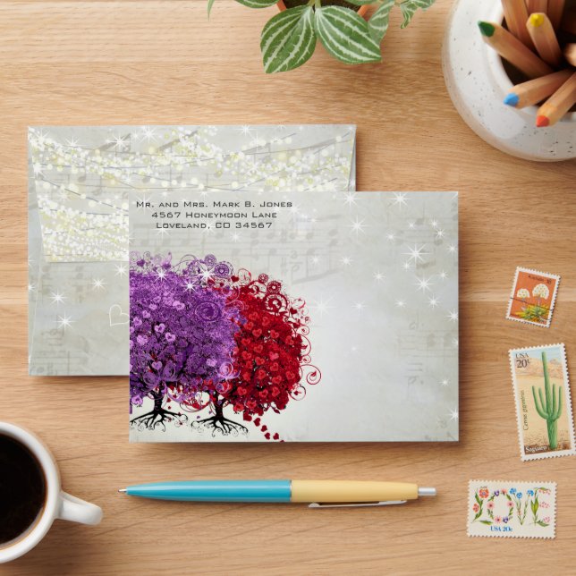 Musical Red Purple Heart Leaf Tree RSVP Envelope (Desk)
