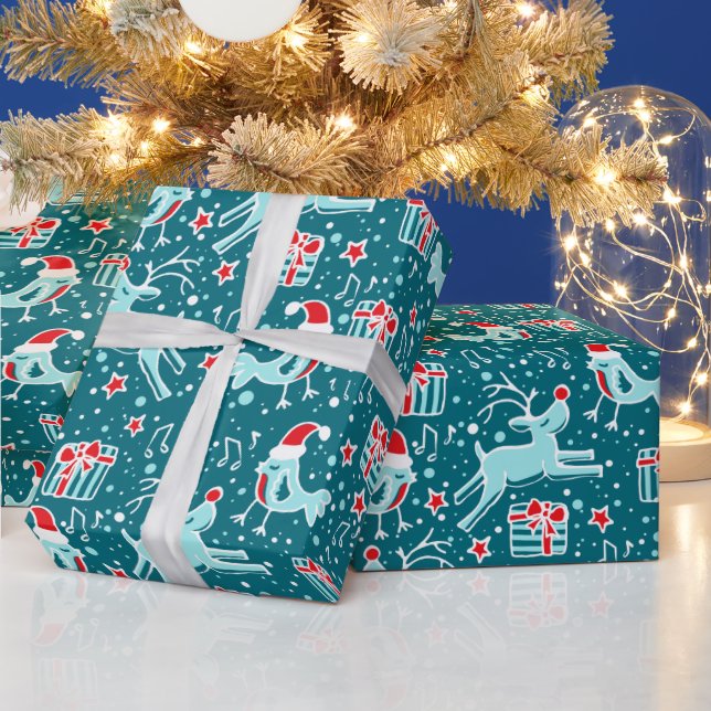 Musical reindeer bird teal aqua red Christmas wrap Wrapping Paper (Holidays)