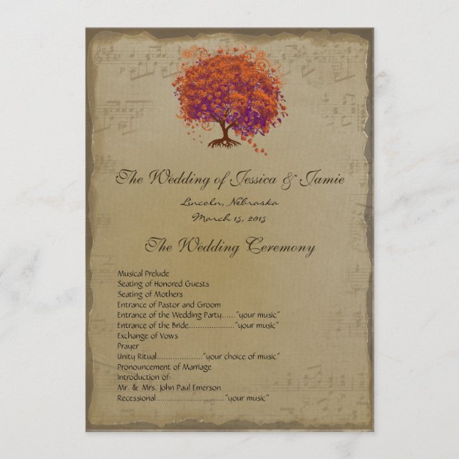 Musical Rustic Forest Red Heart Tree Wedding  Programme (Front)