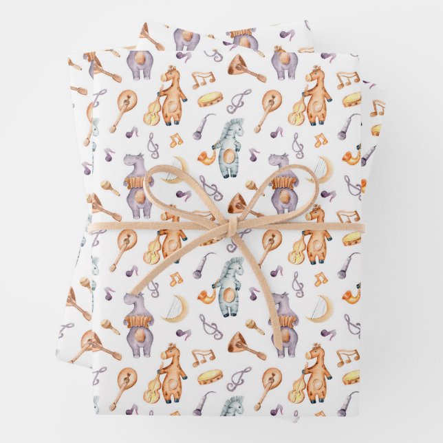 MUSICAL SAFARI ANIMALS BABY GIFT  WRAPPING PAPER SHEET (In situ)