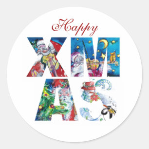 MUSICAL SANTA  AND SNOWMAN  XMAS NIGHT PARTY  CLASSIC ROUND STICKER