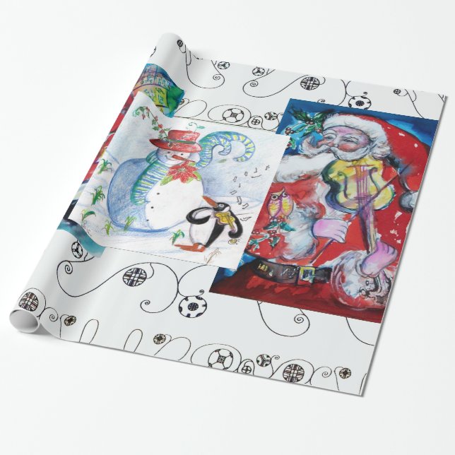 MUSICAL SANTA AND SNOWMEN CHRISTMAS PARTY WRAPPING PAPER (Unrolled)