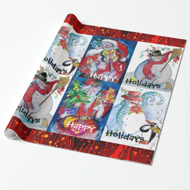 MUSICAL SANTA AND SNOWMEN HAPPY CHRISTMAS HOLIDAYS WRAPPING PAPER (Unrolled)