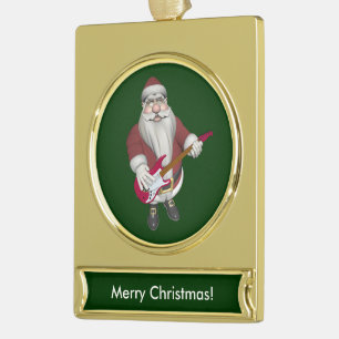 Musical Santa Claus With Red Electric Guitar Gold Plated Banner Ornament