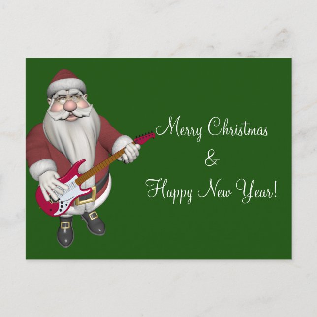 Musical Santa Claus With Red Electric Guitar Holiday Postcard (Front)