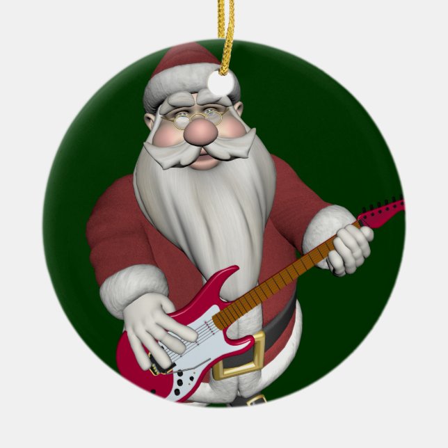 Musical Santa Playing Red Electric Guitar Ceramic Tree Decoration (Front)