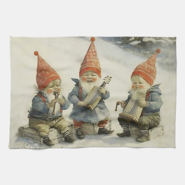 Musical Scandinavian Christmas Gnomes Tea Towel (Horizontal)