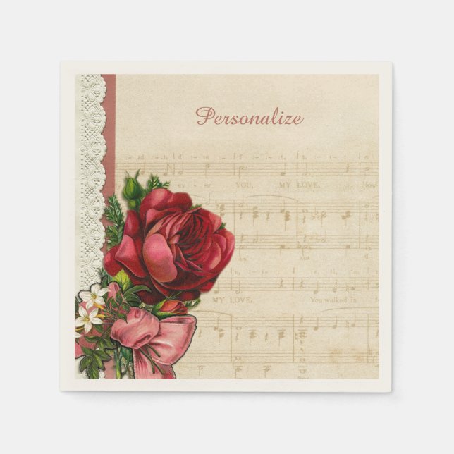 Musical Sheet Music Roses & Lace Party Personalise Napkin (Front)