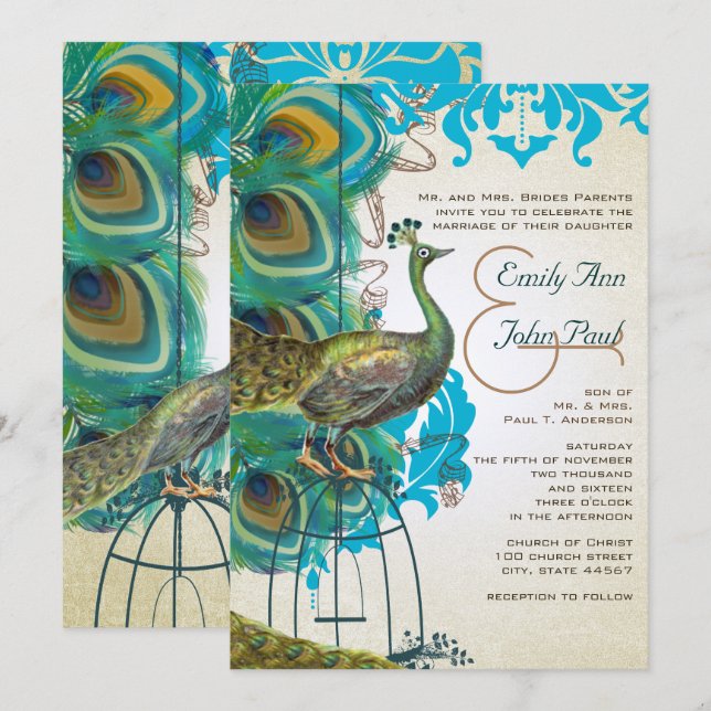Musical Silver Peacock Bird Cage Feather Invites (Front/Back)